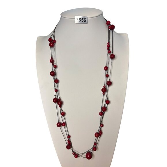 Long Layered Red Bead Necklace With Black Multistrand Wire & Lobster Clasp Jewel - Picture 1 of 9